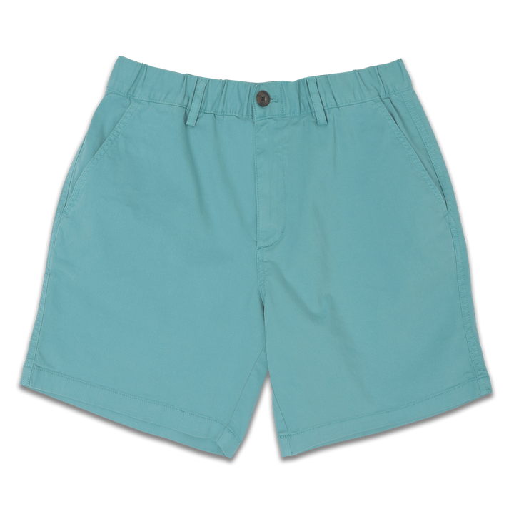 Stretch Short 7" Marine front with elastic waistband, belt loops, zipper fly, faux horn button, and two inseam pockets