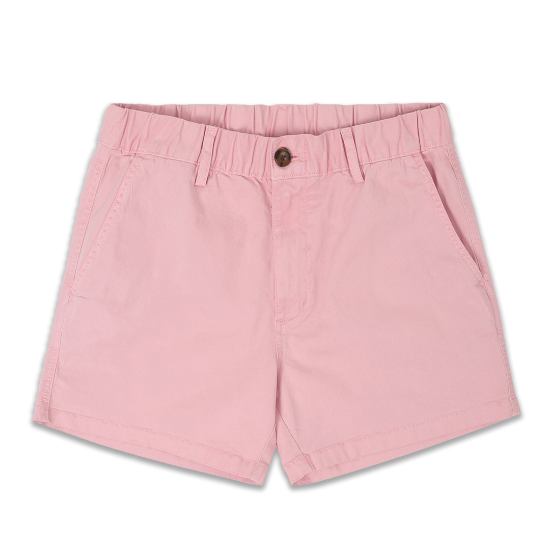 Stretch Short 5.5" Pink front with elastic waistband, belt loops, zipper fly, faux horn button, and two inseam pockets