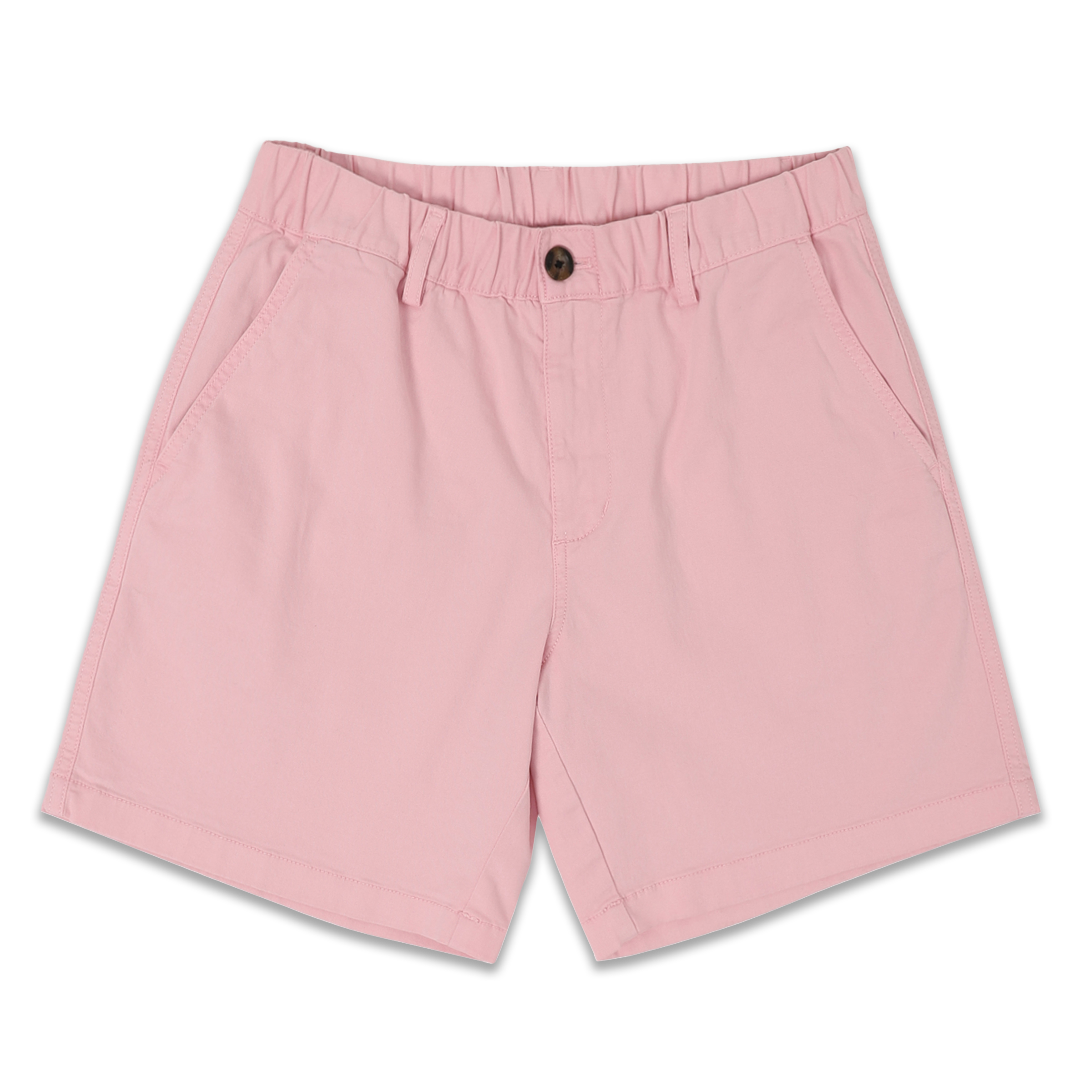 Stretch Short 7" Pink front with elastic waistband, belt loops, zipper fly, faux horn button, and two inseam pockets