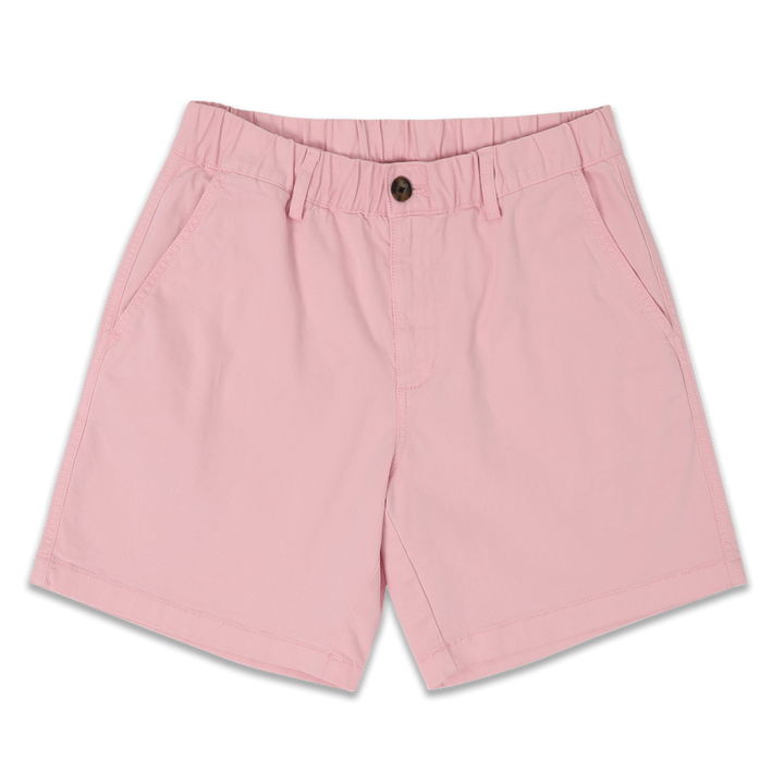 Stretch Short 7" Pink front with elastic waistband, belt loops, zipper fly, faux horn button, and two inseam pockets