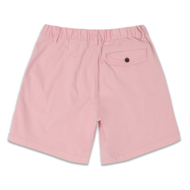 Stretch Short 7" Pink back with elastic waistband, belt loops, and right buttoned back pocket