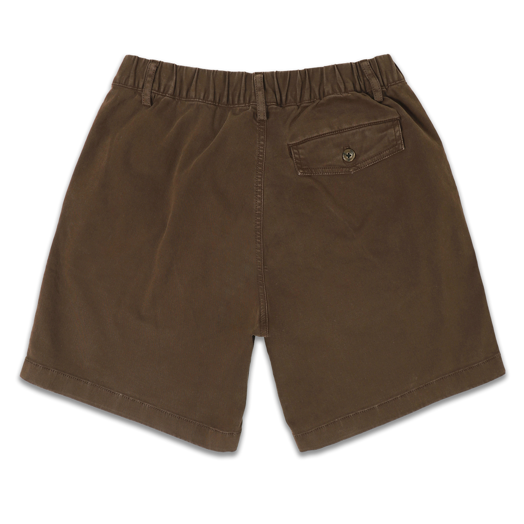 Stretch Short 7" Cocoa back with elastic waistband, belt loops, and right buttoned back pocket