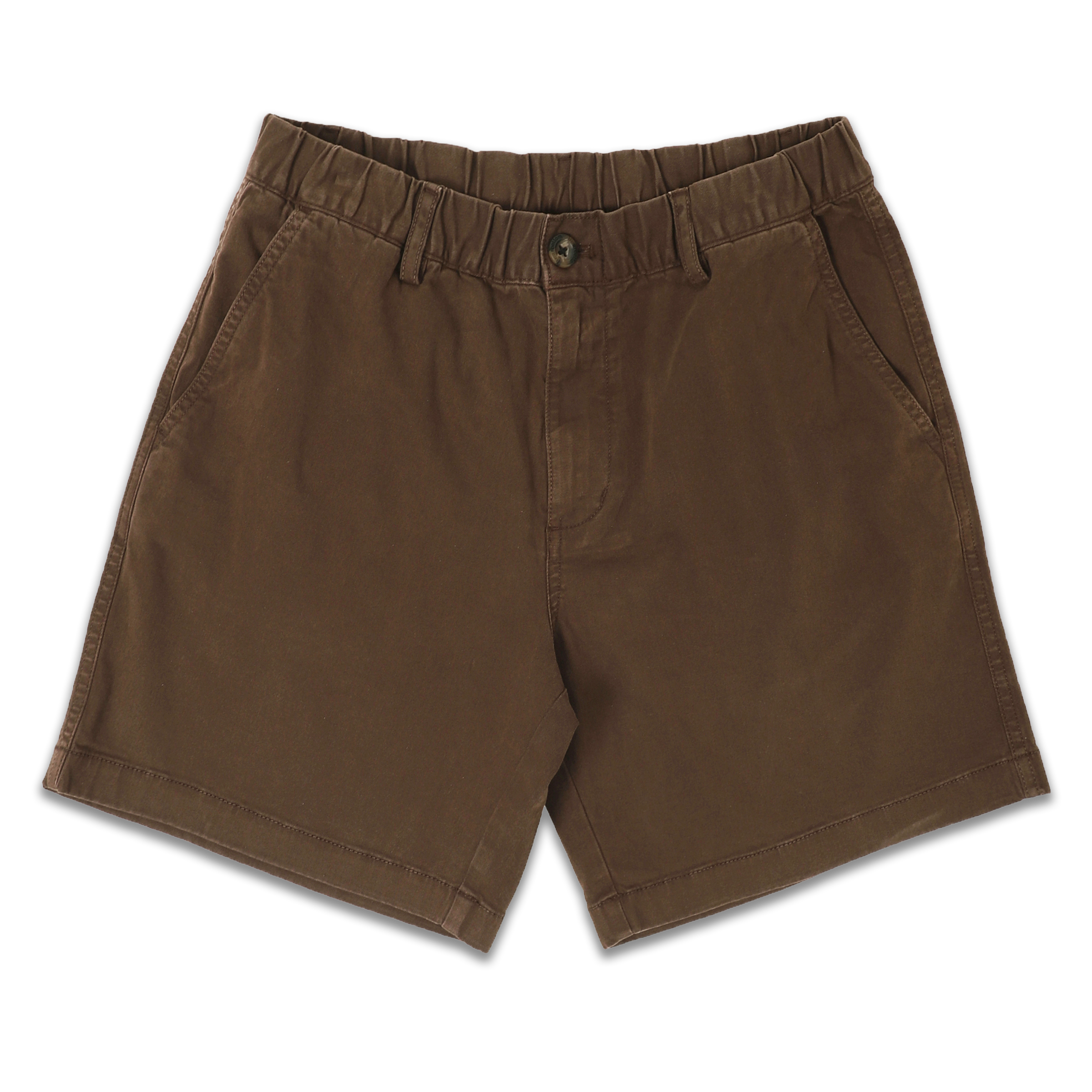 Stretch Short 7" Cocoa front with elastic waistband, belt loops, zipper fly, faux horn button, and two inseam pockets