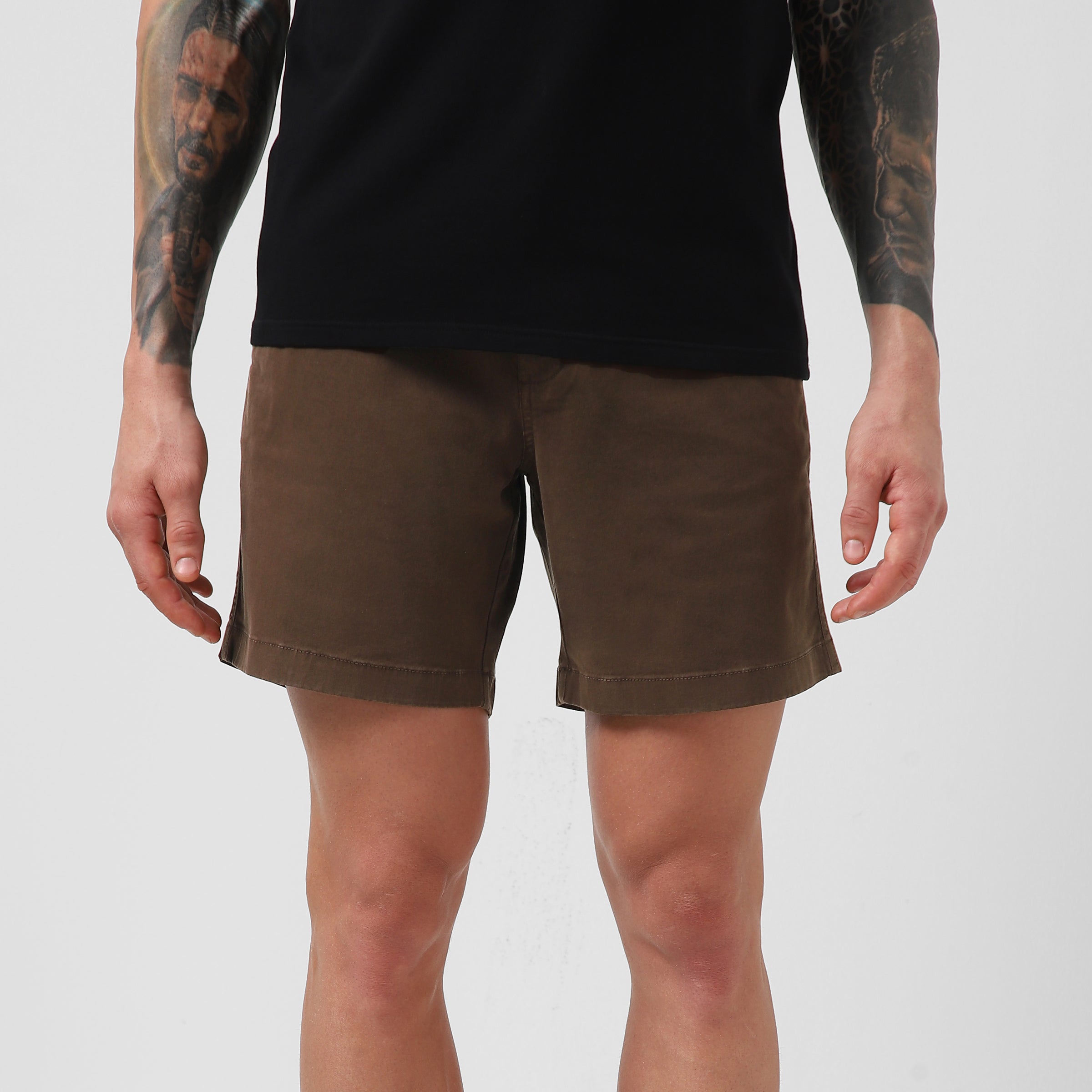 Stretch Short 7" Cocoa front on model