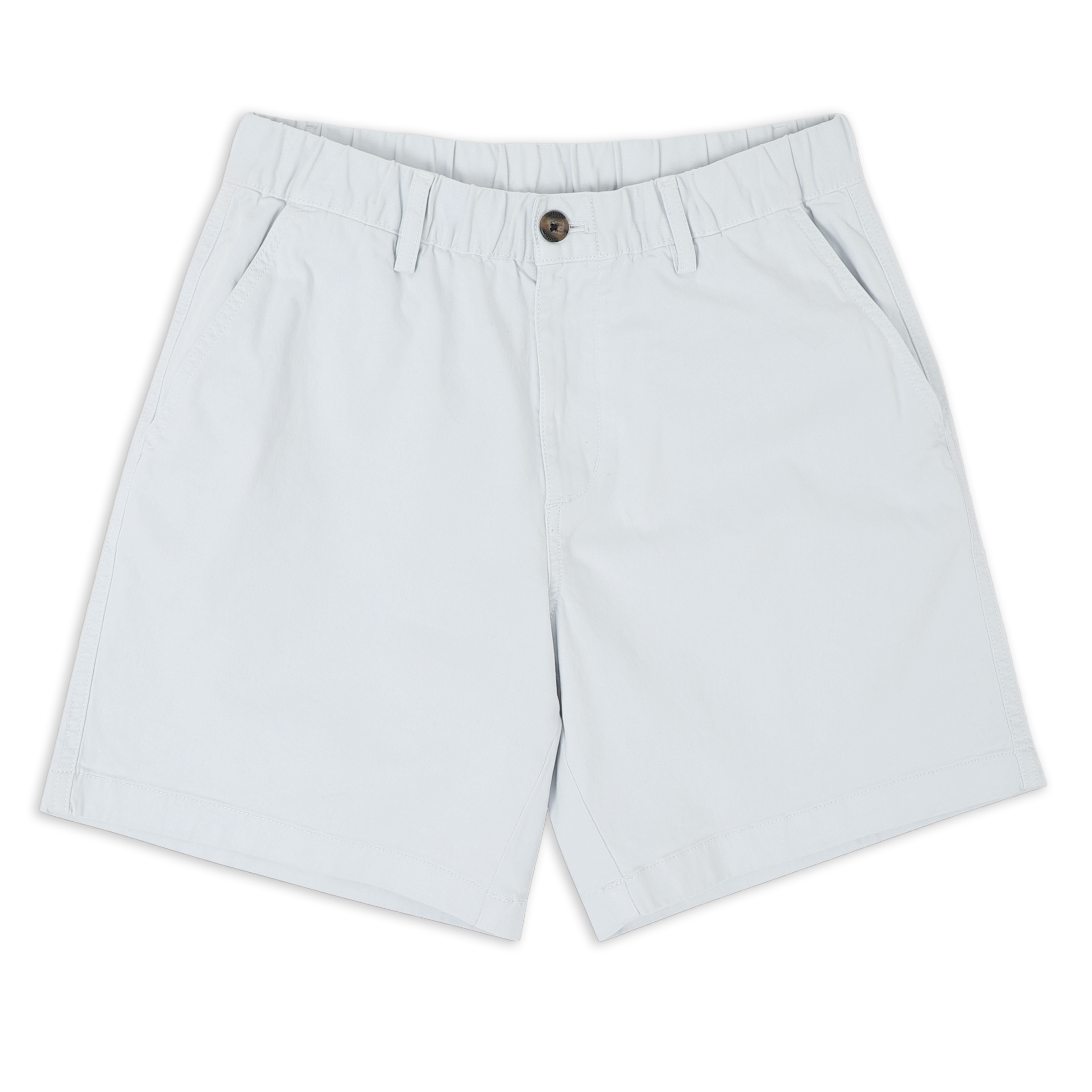 Stretch Short 7" Light Blue front with elastic waistband, belt loops, zipper fly, faux horn button, and two inseam pockets
