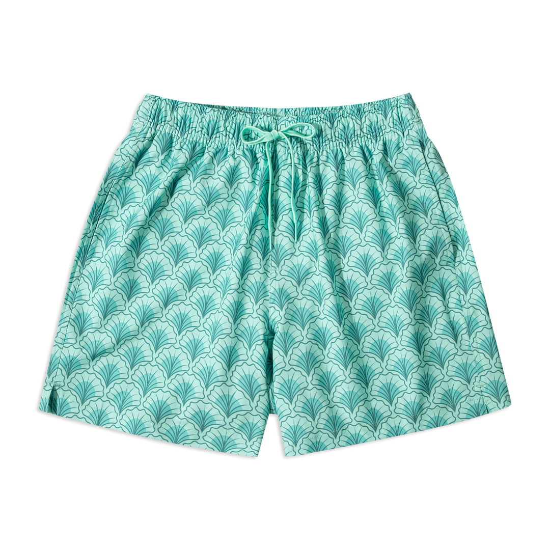 Stretch Swim Trunk (Clearance) in Shell laid flat, front view, 5.5" inseam, with an elastic waistband, light mint drawstring, and two side seam pockets.