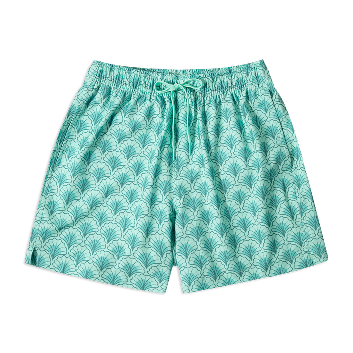 Stretch Swim Trunk (Clearance) in Shell laid flat, front view, 5.5" inseam, with an elastic waistband, light mint drawstring, and two side seam pockets.