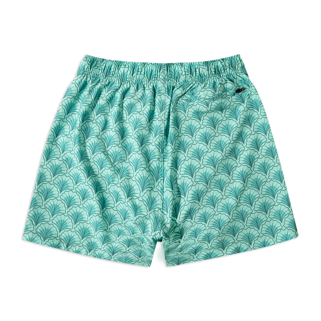 Stretch Swim Trunk (Clearance) in Shell laid flat, back view, 5.5" inseam, with an elastic waistband and a zippered back right pocket.