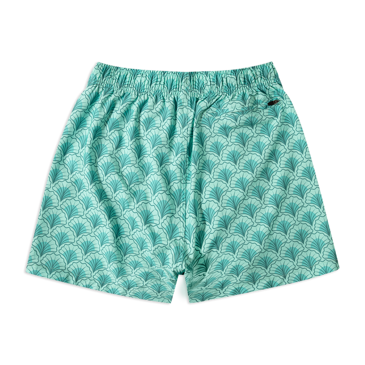 Stretch Swim Trunk (Clearance) in Shell laid flat, back view, 5.5" inseam, with an elastic waistband and a zippered back right pocket.