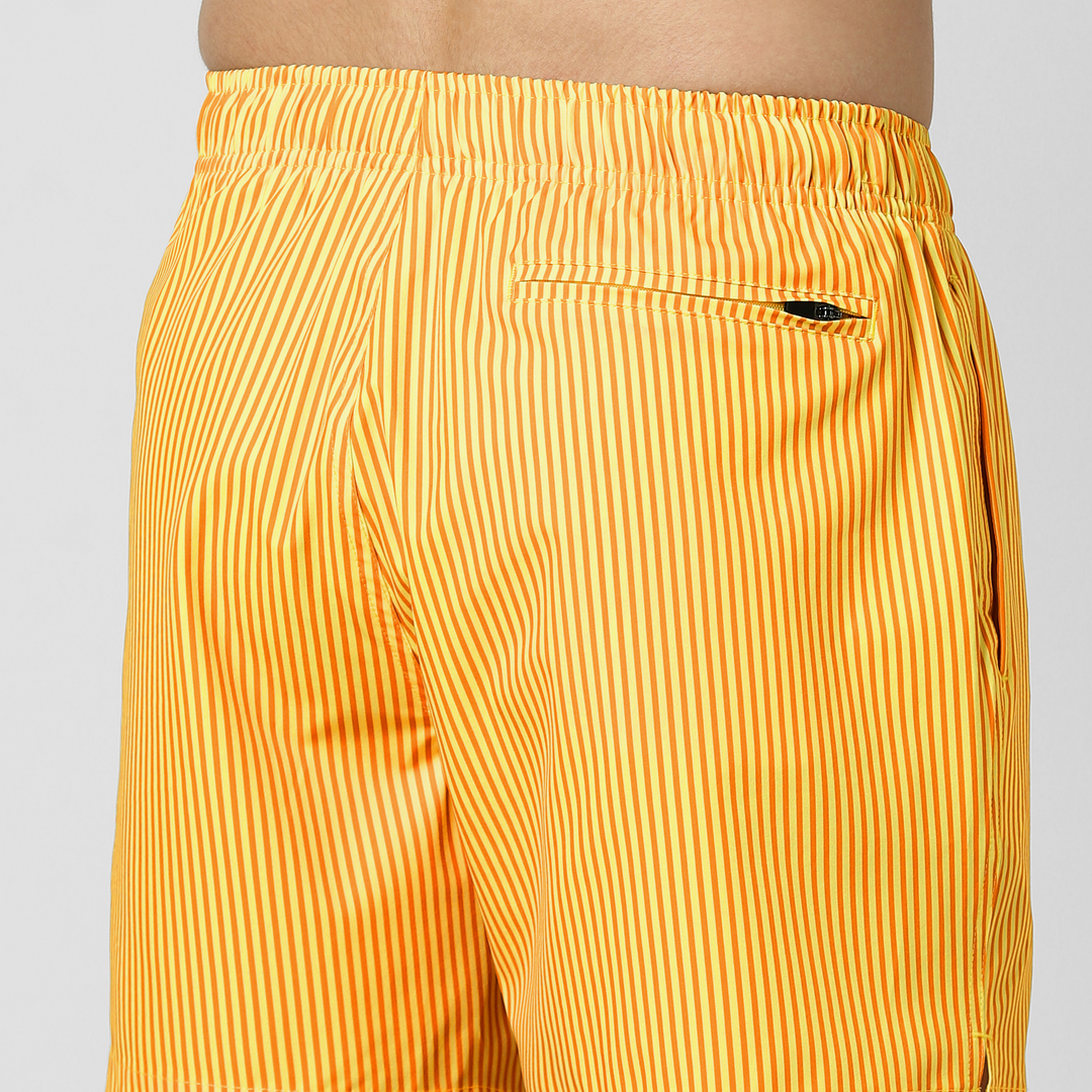 Stretch Swim 5.5" Sunny Stripe close up back right pocket on model