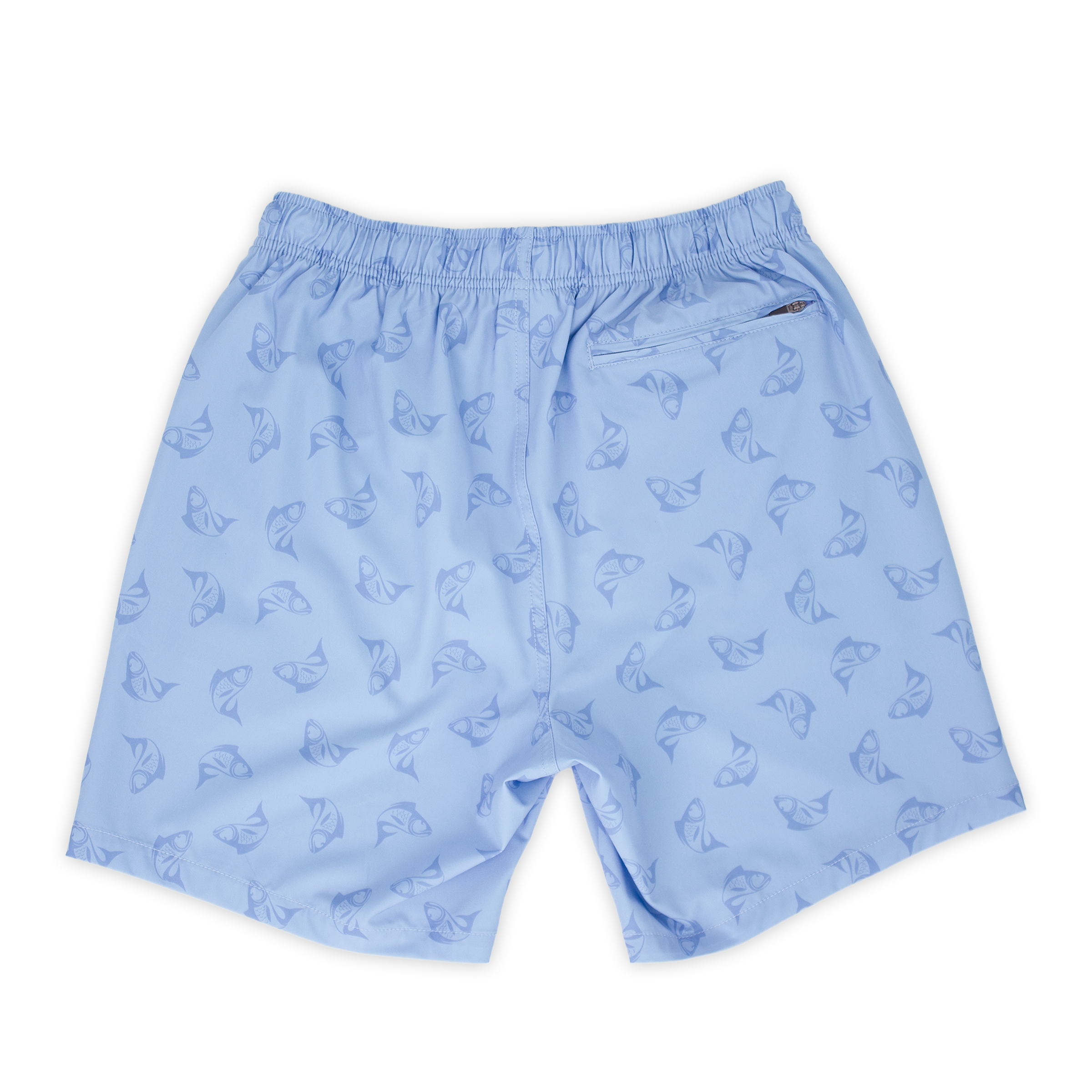Stretch Swim 7" Bonita back, a light periwinkle blue with a print of darker blue sketched fish with an elastic waistband and a back right zippered pocket