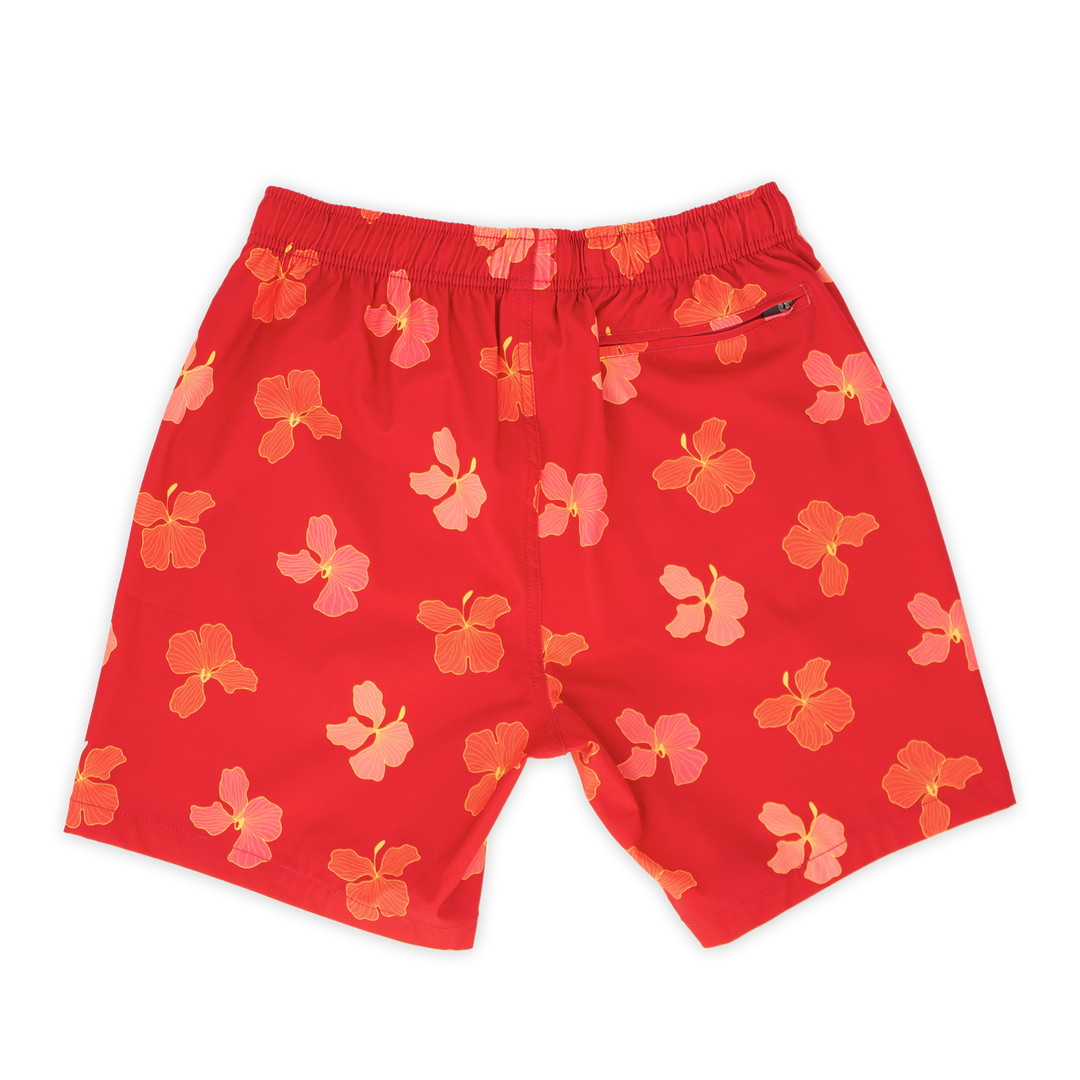 Stretch Swim 7" Hibiscus back, a bright red printed with pink and orange sketched hibiscus flowers with an elastic waistband and back right zippered pocket