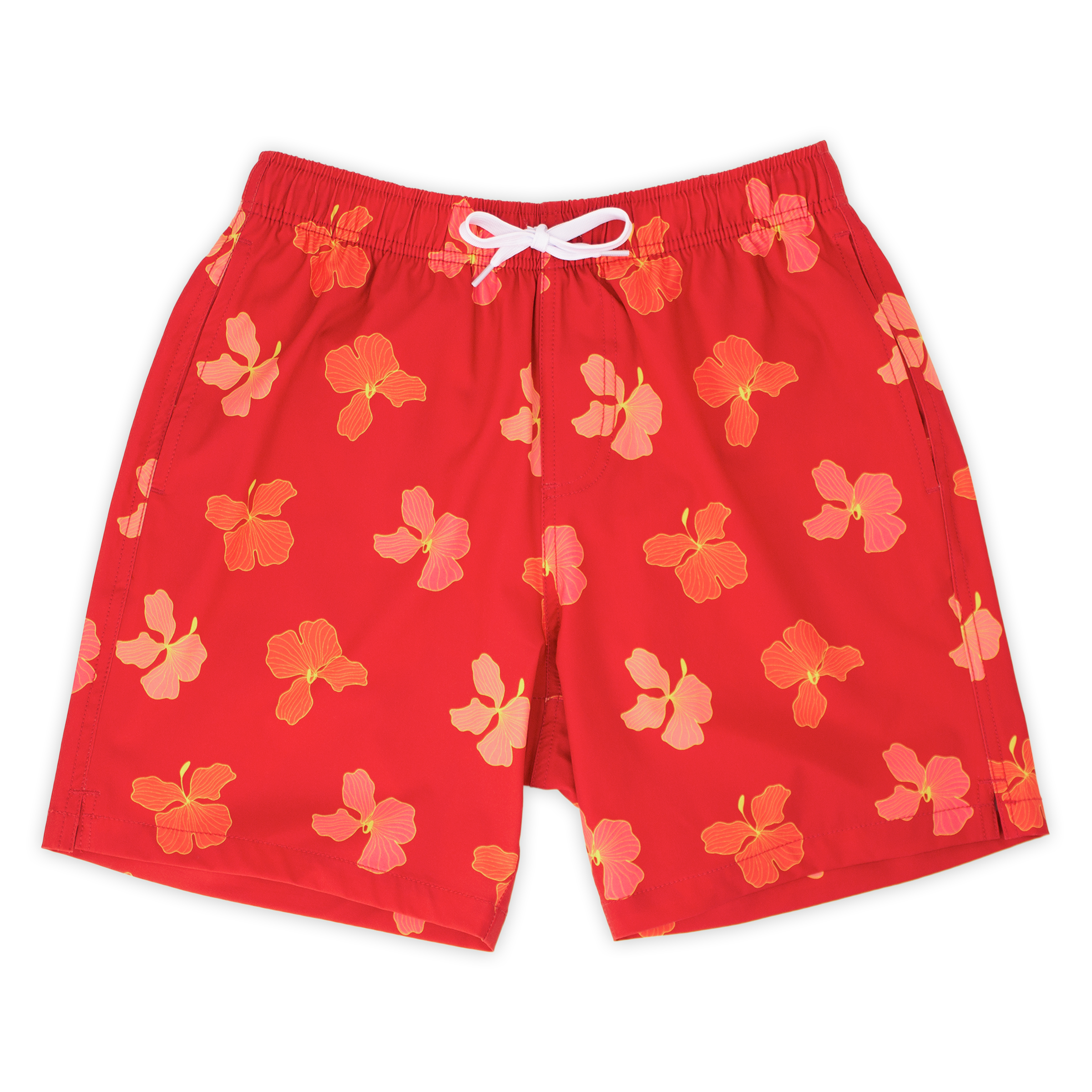Stretch Swim 7" Hibiscus front, a bright red printed with pink and orange sketched hibiscus flowers with an elastic waistband, two inseam pockets, and a white drawstring