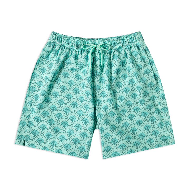 Stretch Swim Trunk (Clearance) in Shell laid flat, front view, 7" inseam, with an elastic waistband, mint green drawstring, and two side seam pockets.