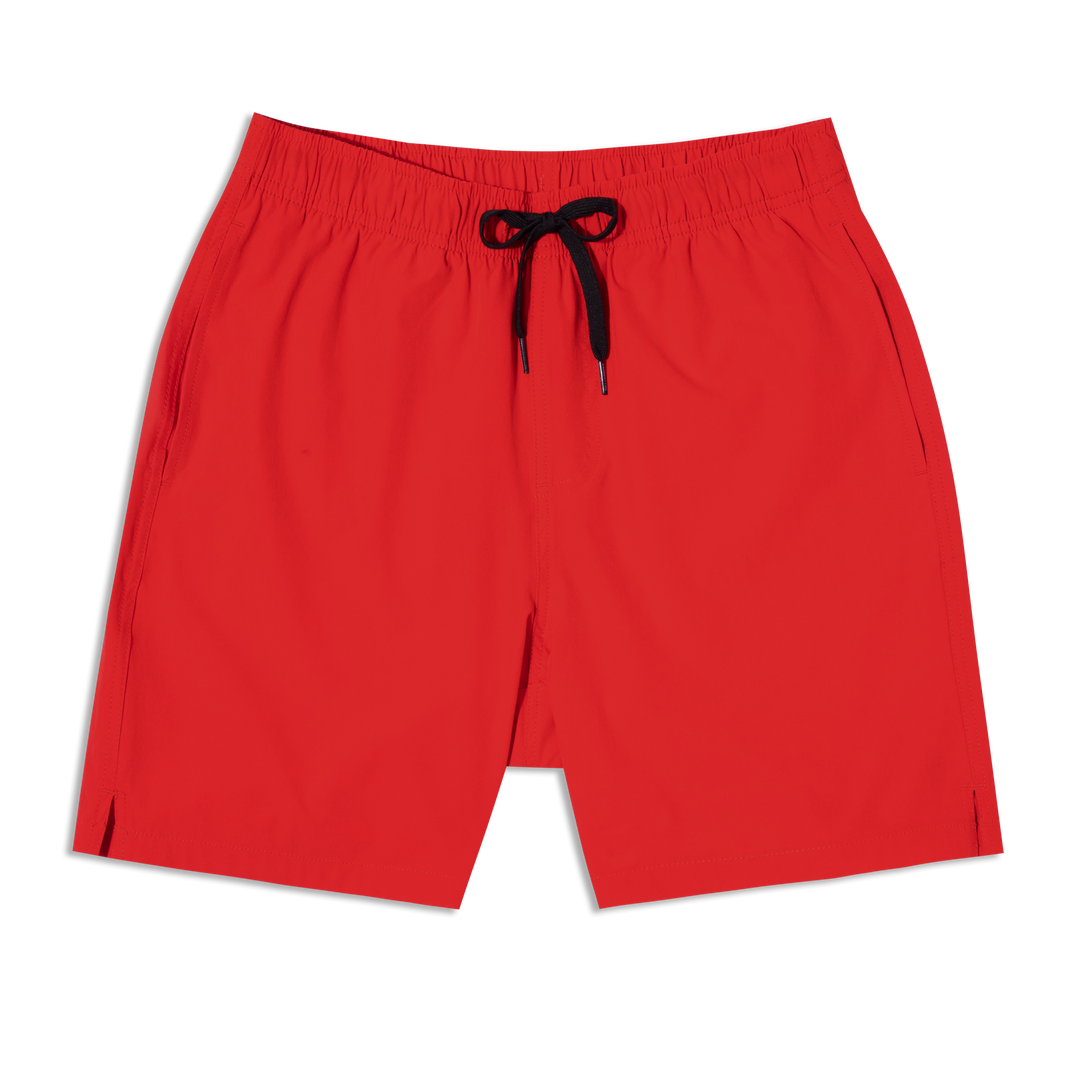 Stretch Swim Trunk (Clearance) in solid Red laid flat, front view, 7" inseam, with an elastic waistband, drawstring, and two side seam pockets.