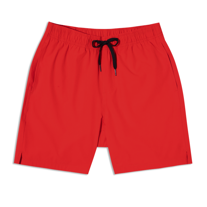Stretch Swim Trunk (Clearance) in solid Red laid flat, front view, 7" inseam, with an elastic waistband, drawstring, and two side seam pockets.