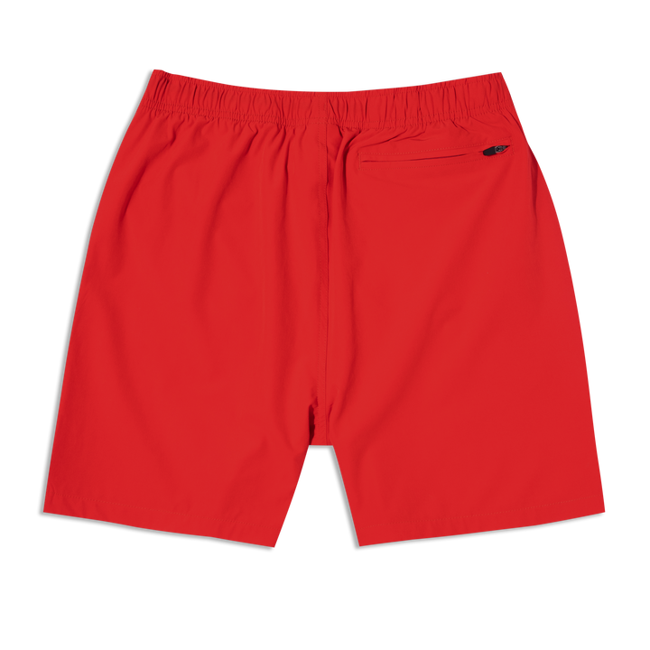 Stretch Swim Trunk (Clearance) in solid Red laid flat, back view, 7" inseam, with an elastic waistband and a zippered back right pocket.