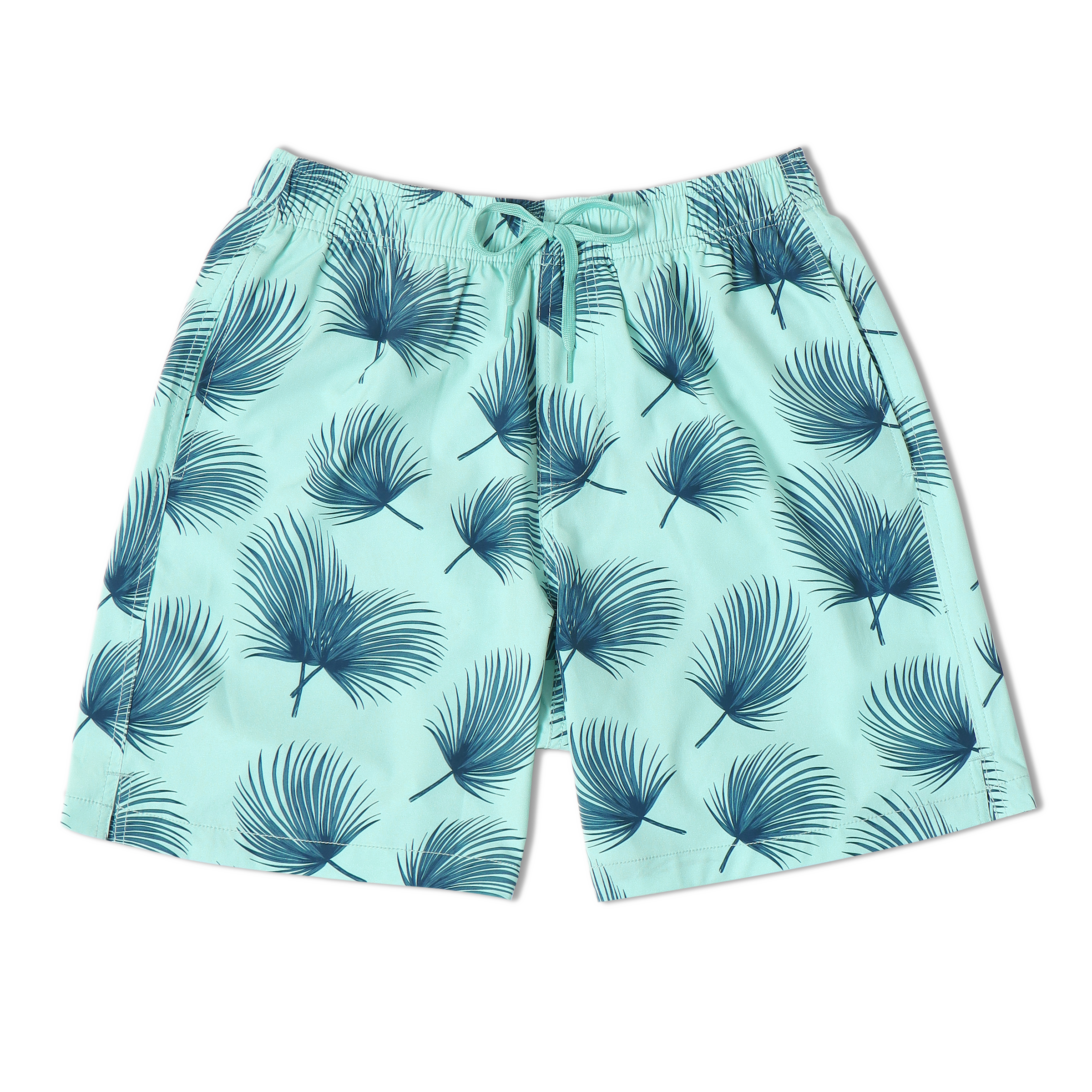 Stretch Swim 7" Island Shade front with an elastic waistband, two inseam pockets, and a dyed-to-match drawstring