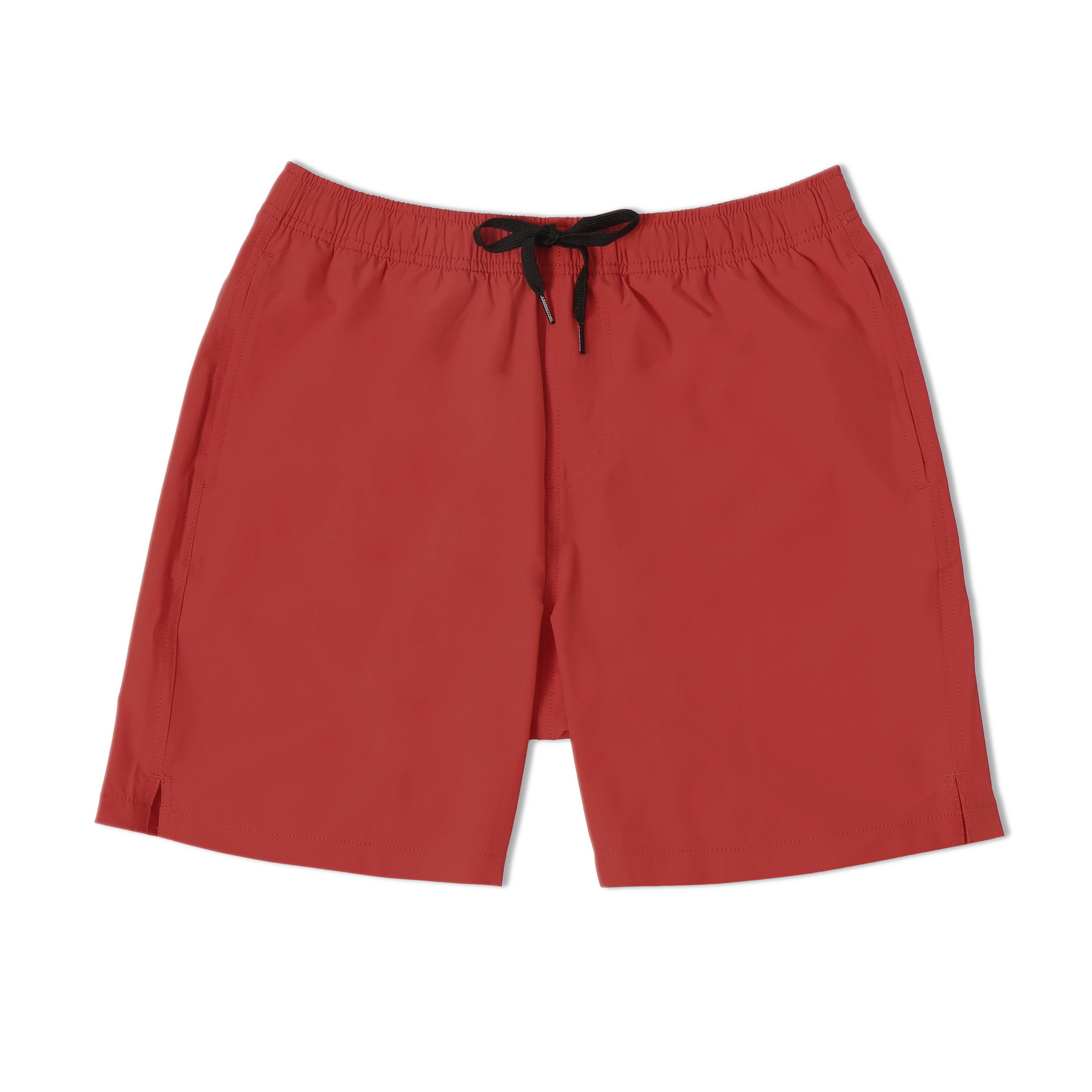 Stretch Swim 7" in Red front with elastic waistband, black drawstring, and two inseam pockets
