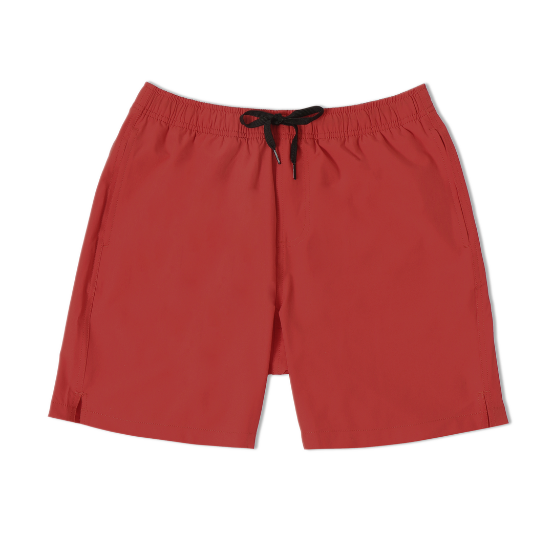 Stretch Swim 7" in Red front with elastic waistband, black drawstring, and two inseam pockets
