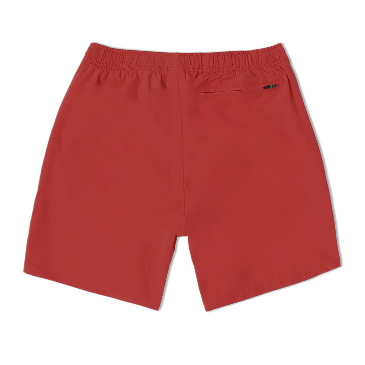 Stretch Swim 7" in Red back with elastic waistband and back right zippered pocket