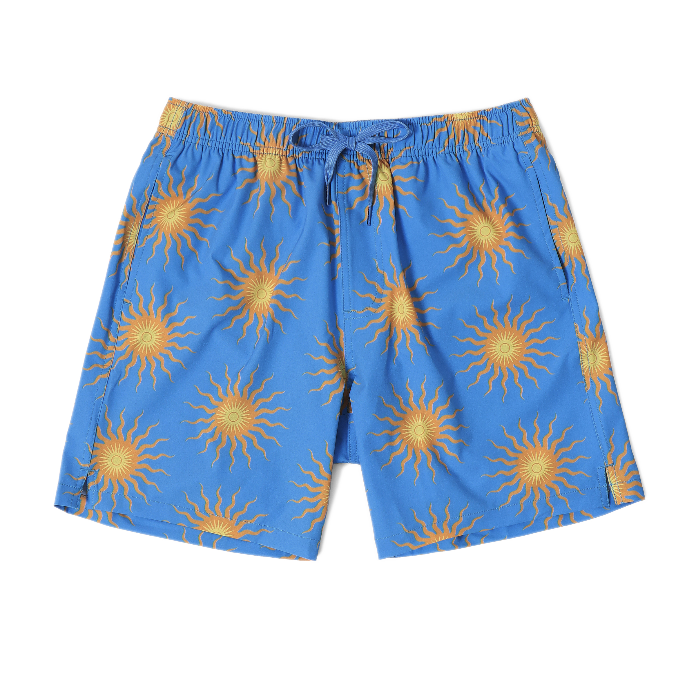 Stretch Swim 7" Sunburst front with an elastic waistband, two inseam pockets, and a dyed-to-match drawstring