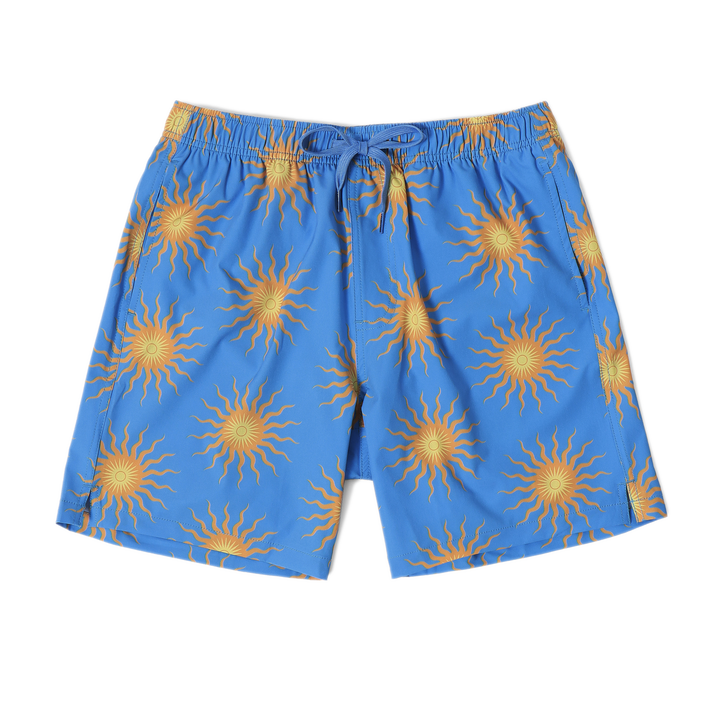 Stretch Swim 7" Sunburst front with an elastic waistband, two inseam pockets, and a dyed-to-match drawstring