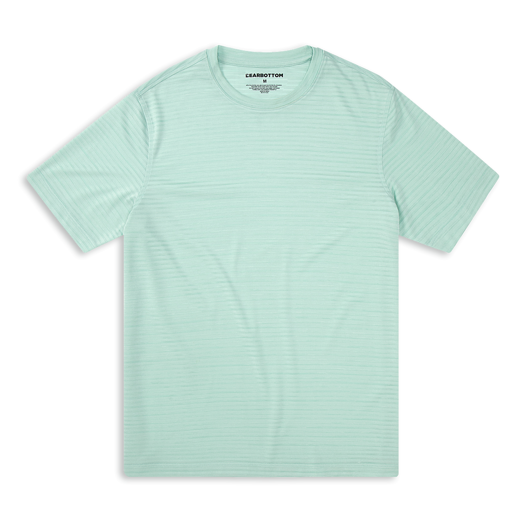 Stride Tee Mint Stripe with crewneck, short sleeves, and space dyed stripes