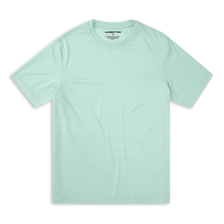 Stride Tee Mint Stripe with crewneck, short sleeves, and space dyed stripes