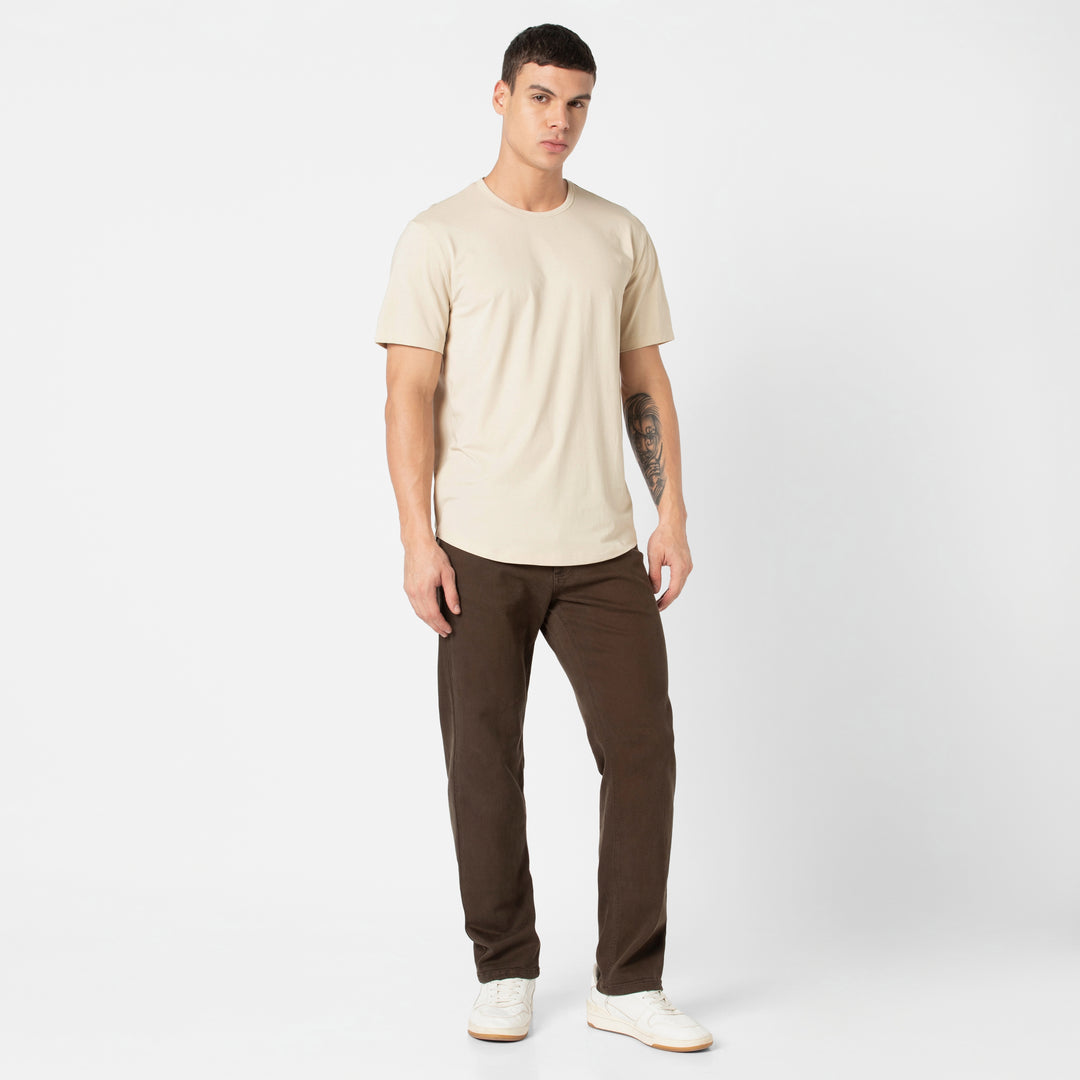 Supima Curved Tee Bone full body on model