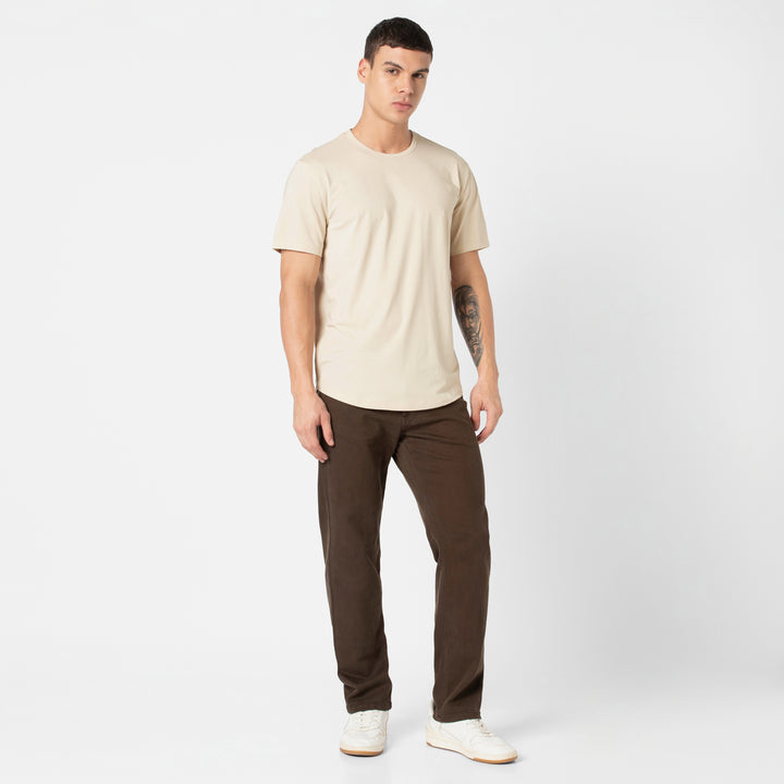 Supima Curved Tee Bone full body on model