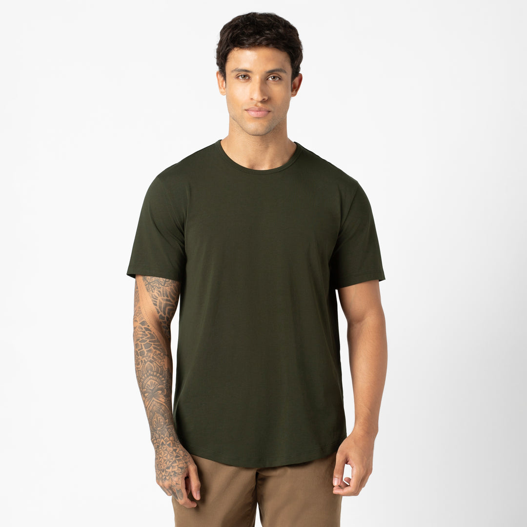 Supima Curved Tee Dark Pine front on model