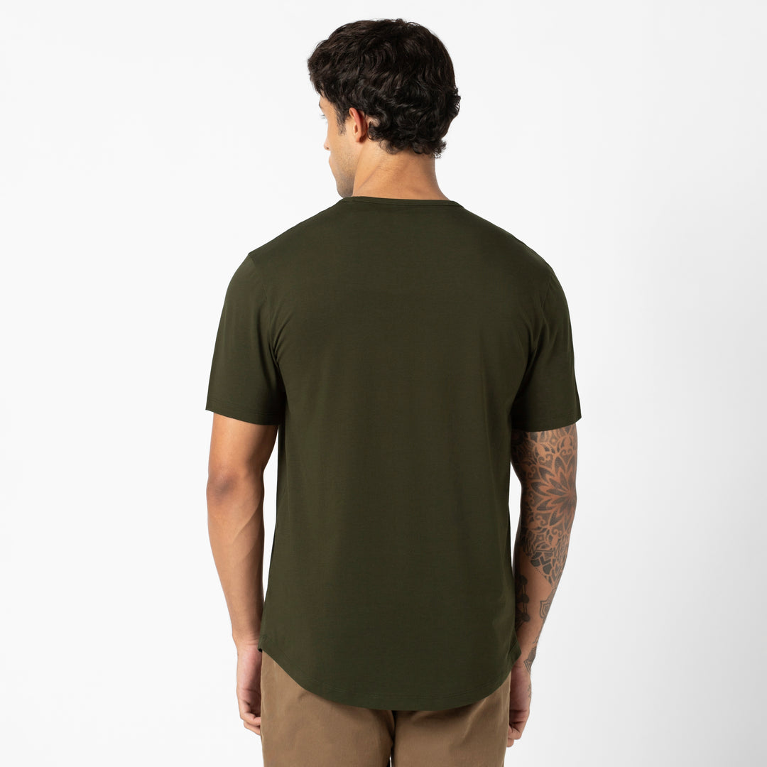 Supima Curved Tee Dark Pine back on model