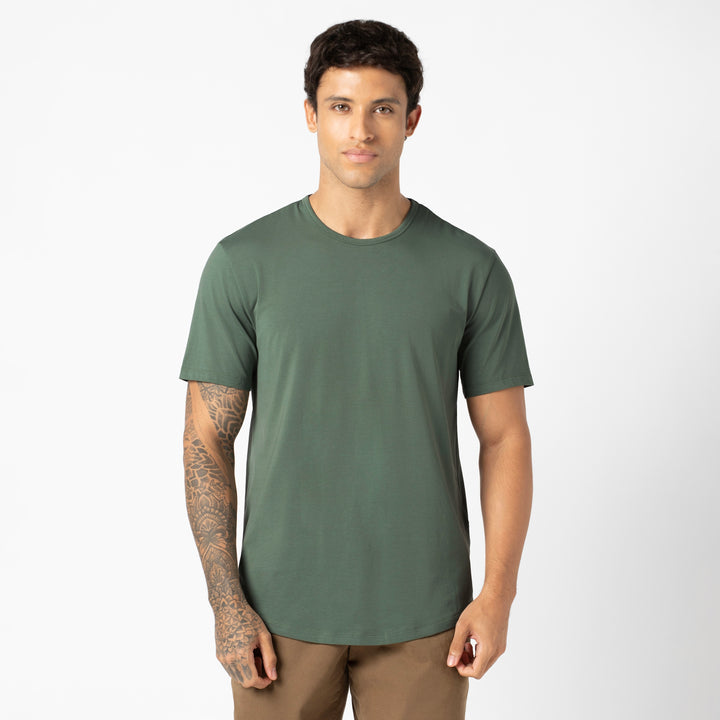 Supima Curved Tee Dark Sage front on model