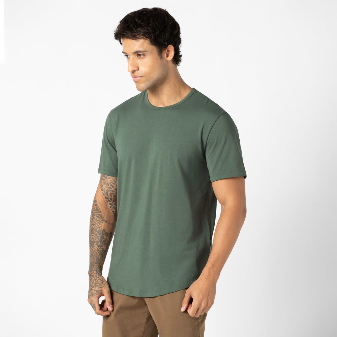 Supima Curved Tee Dark Sage side on model