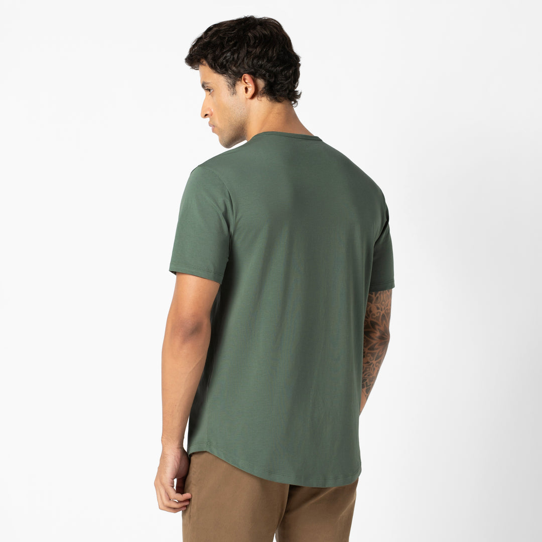 Supima Curved Tee Dark Sage back on model