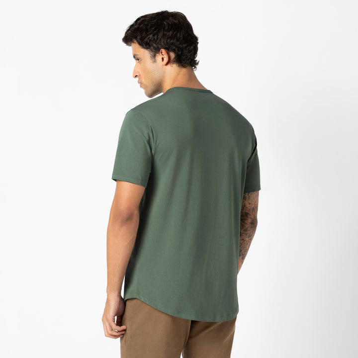 Supima Curved Tee Dark Sage back on model
