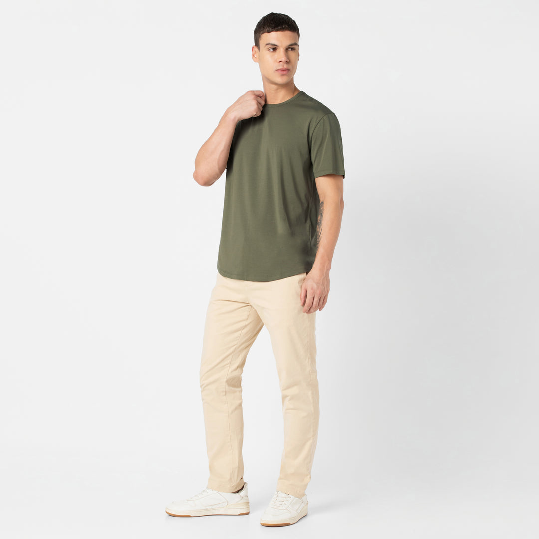 Supima Curved Tee Fern full body on model