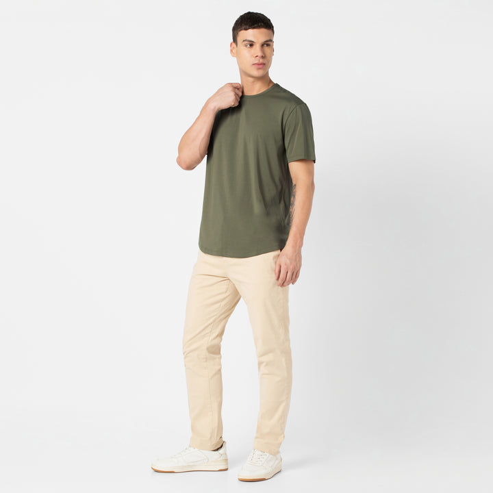 Supima Curved Tee Fern full body on model