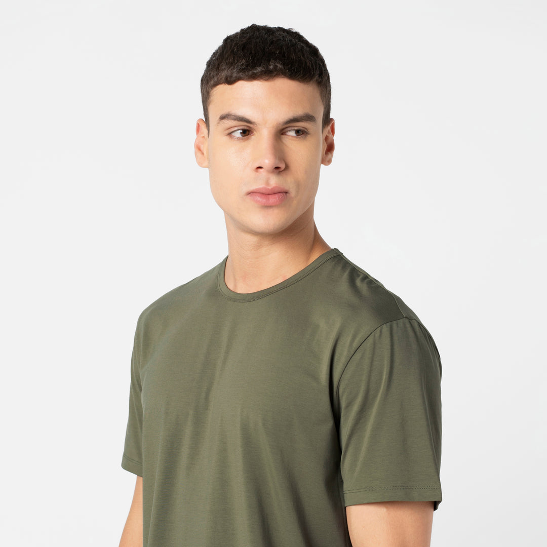 Supima Curved Tee close up on model