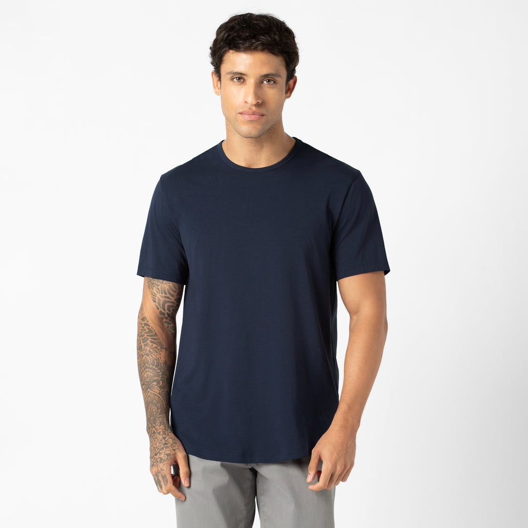 Supima Curved Tee Navy front on model