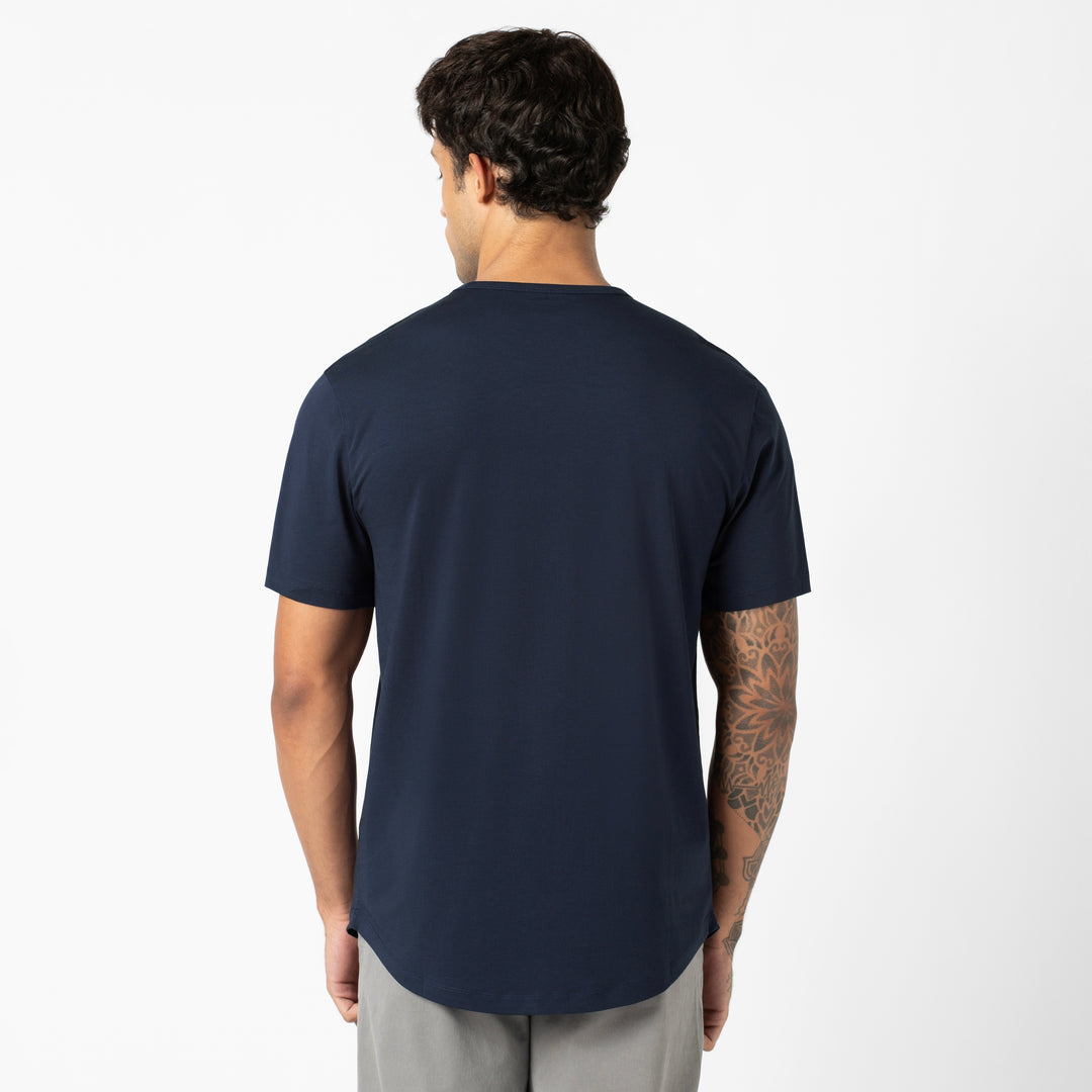 Supima Curved Tee Navy back on model