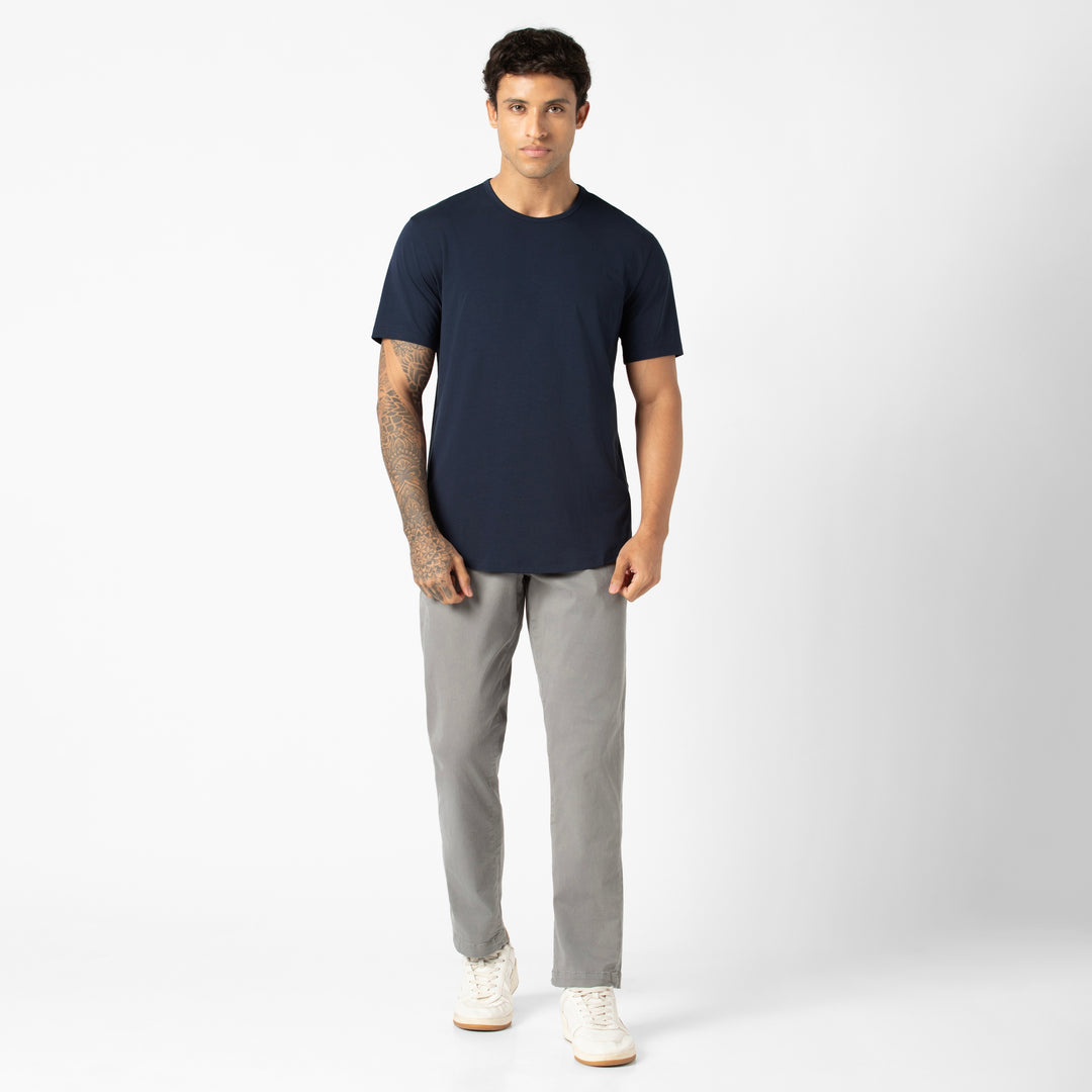 Supima Curved Tee Navy full body on model