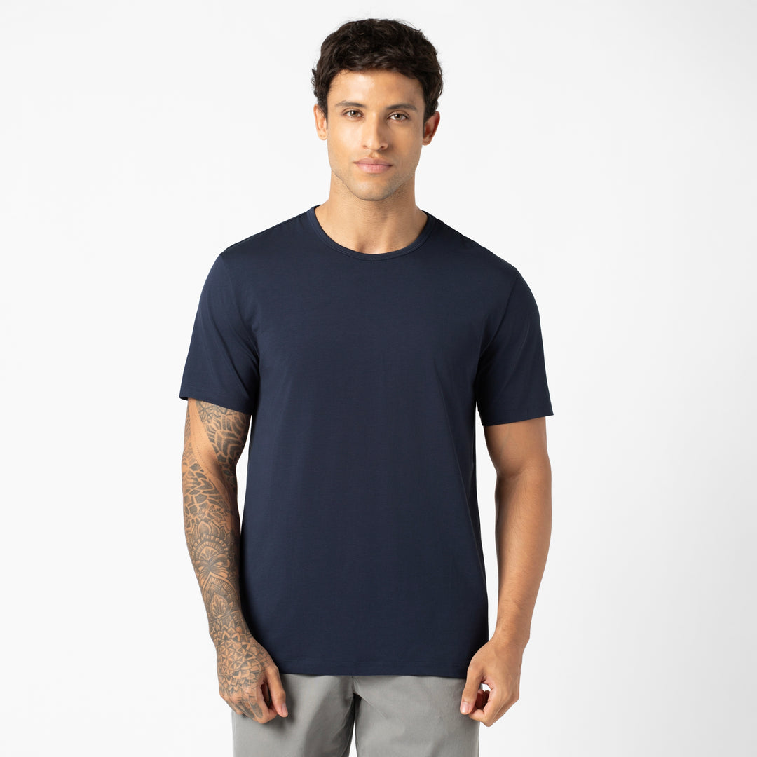 Supima Tee Navy on model front on model