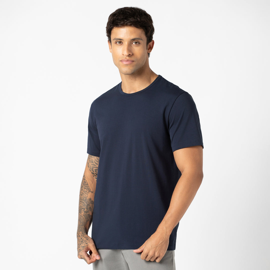 Supima Tee Navy side on model