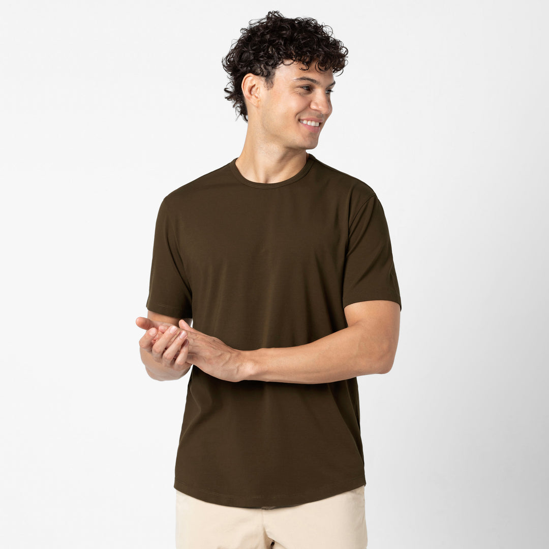 Supima Curved Tee Bark front on model