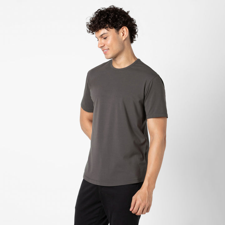 Supima Curved Tee Dark Grey front on model