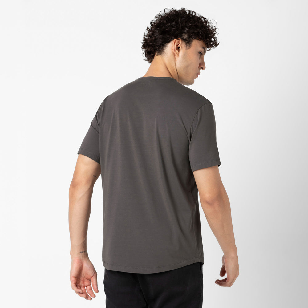 Supima Curved Tee Dark Grey back on model