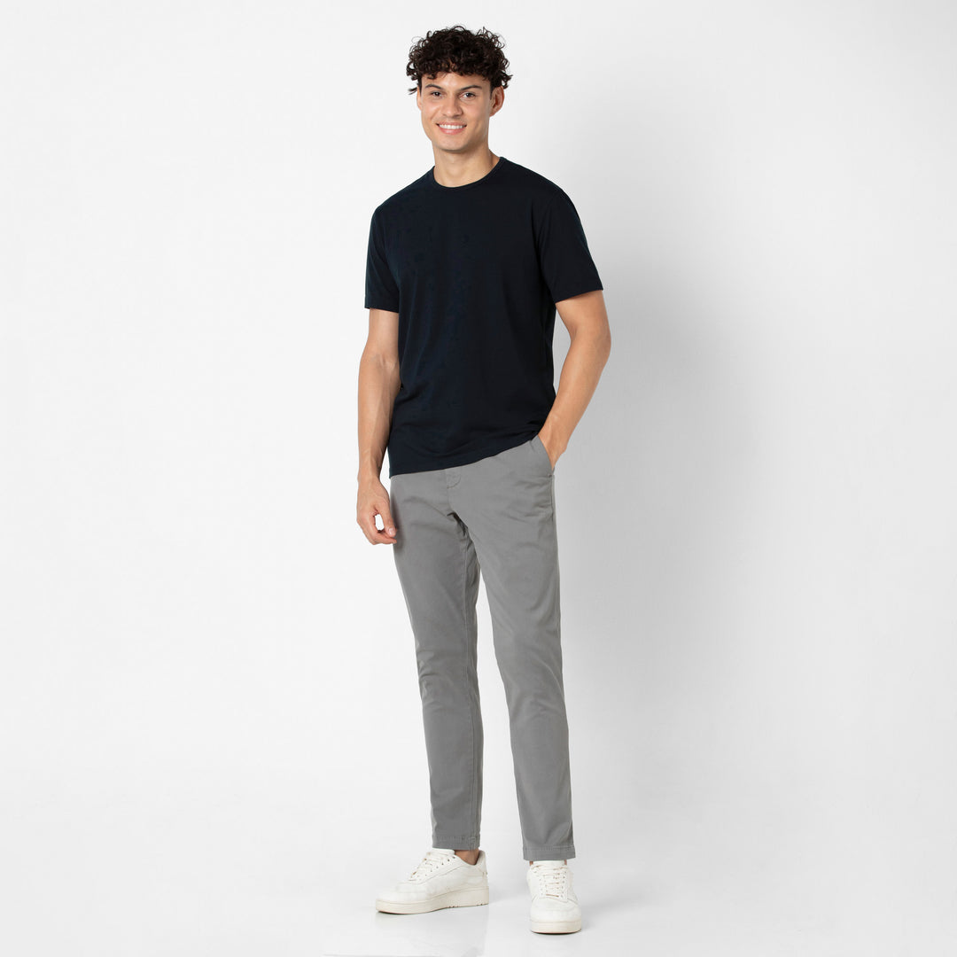 Supima Tee Black full body on model with Stretch Chino Pant Grey