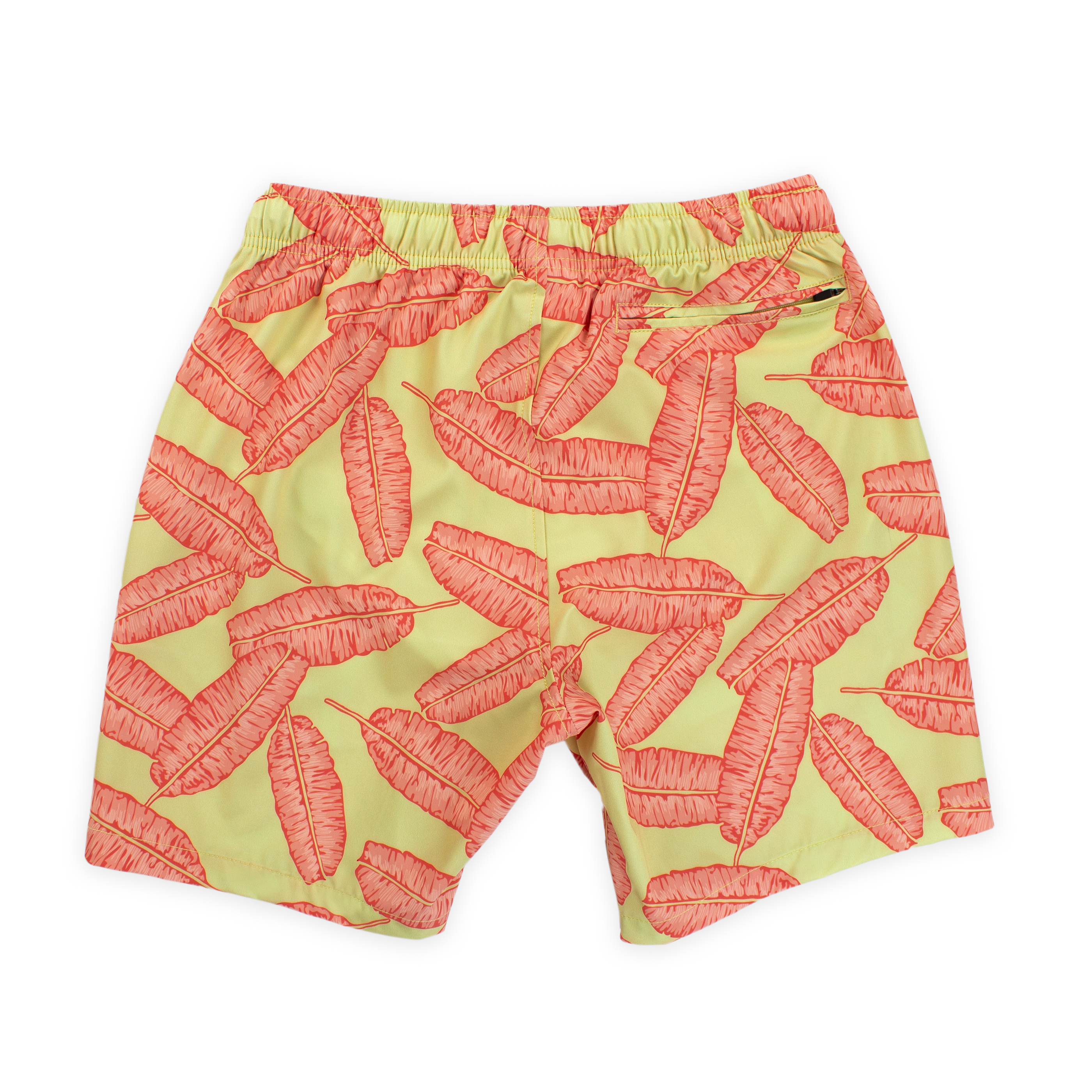 Stretch Swim 7" Banana Leaf back with yellow background and large pink banana leaves printed, with an elastic waistband and back right zippered pocket